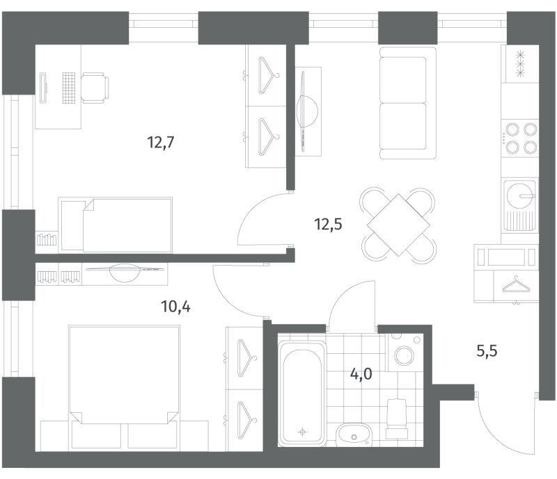 2-комнатная квартира, 45.2 м² в ЖК "NewПитер 2.0" - планировка, фото №1