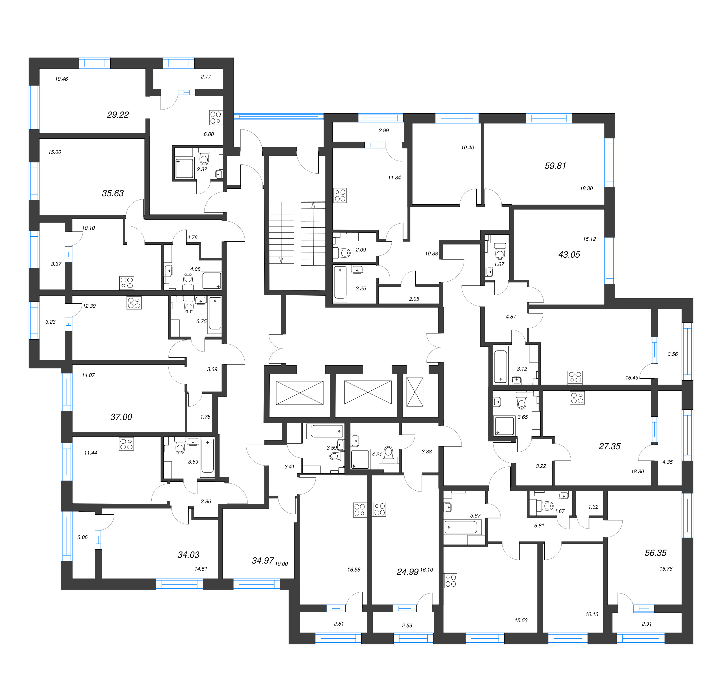 2-комнатная квартира, 59.81 м² - планировка этажа