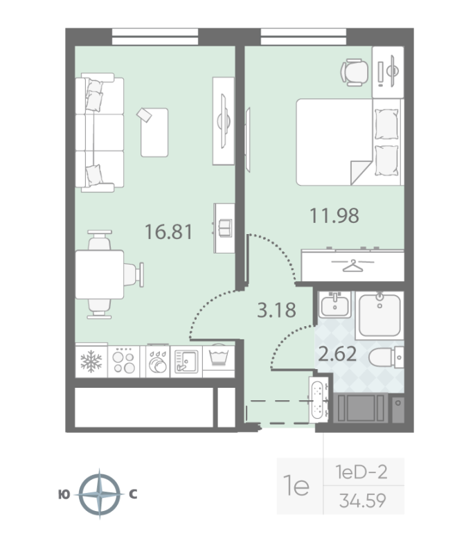 1-комнатная квартира, 34.59 м² - планировка, фото №1