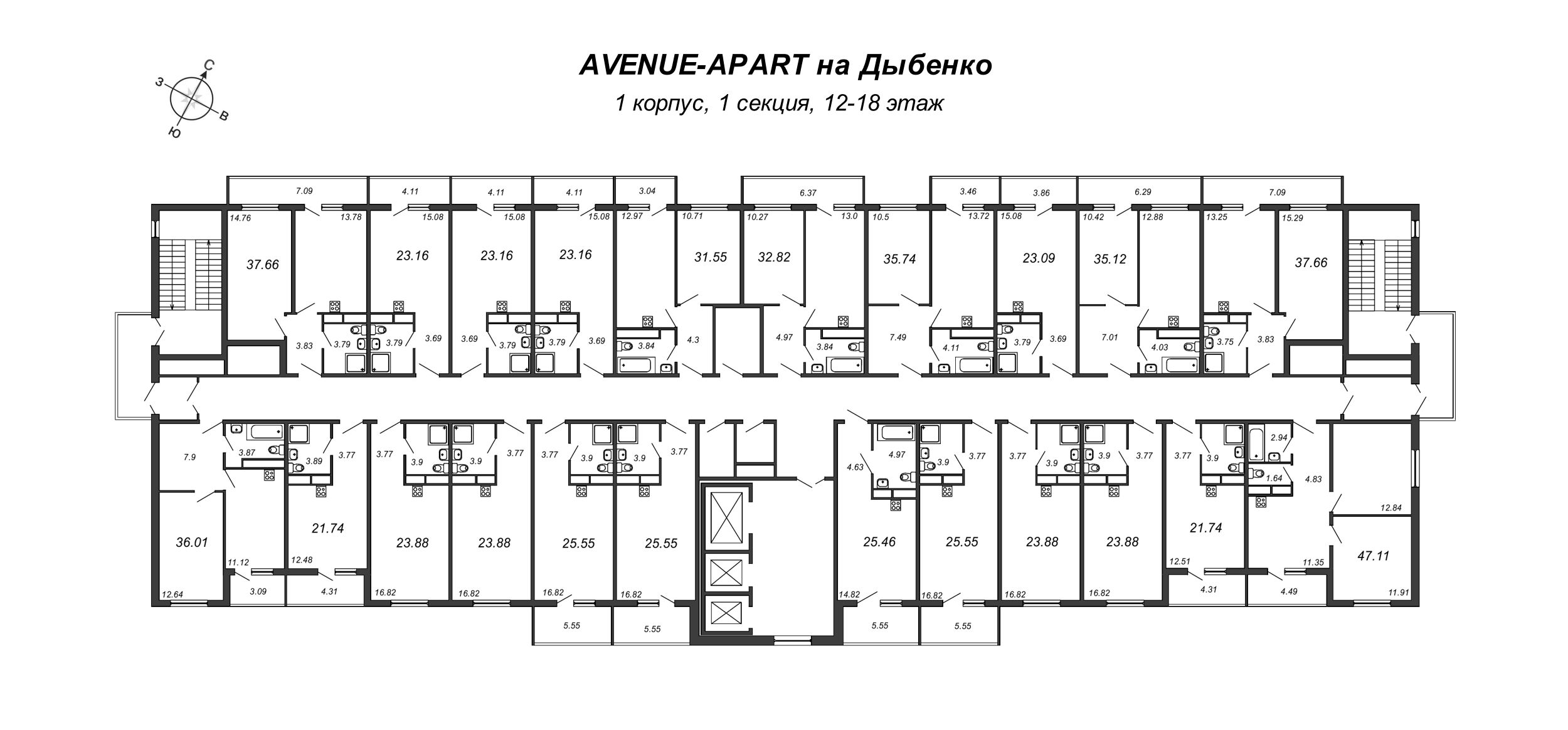 1-комнатная квартира, 36.46 м² - планировка этажа