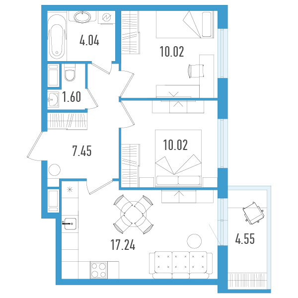 3-комнатная (Евро) квартира, 51.73 м² - планировка, фото №1