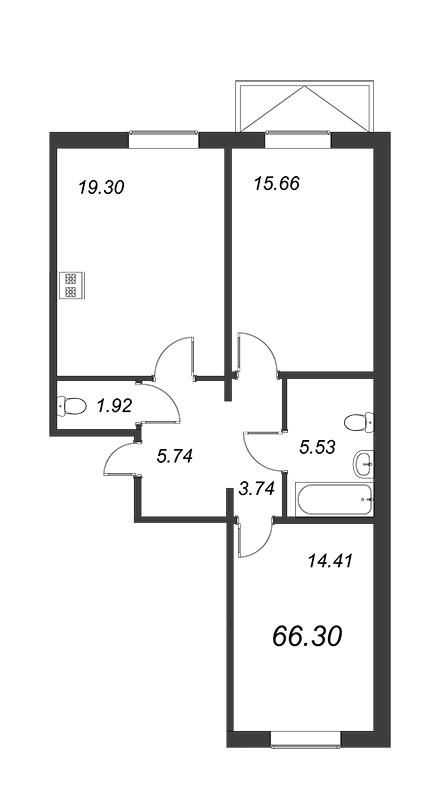 2-комнатная квартира, 66.3 м² в ЖК "IQ Гатчина" - планировка, фото №1