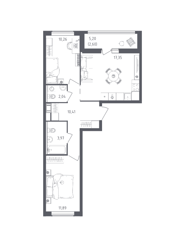 3-комнатная (Евро) квартира, 58.52 м² в ЖК "Южная Нева" - планировка, фото №1