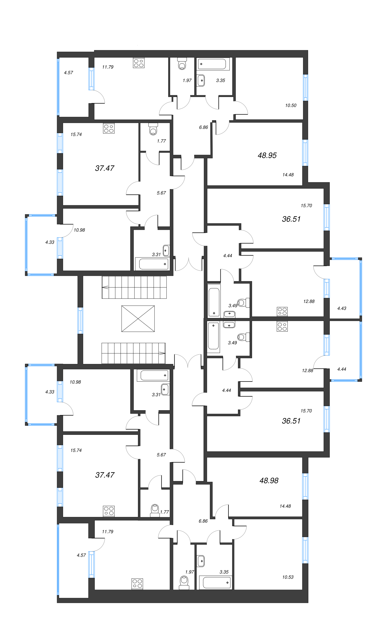 2-комнатная (Евро) квартира, 37.47 м² - планировка этажа