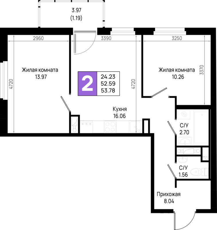 3-комнатная (Евро) квартира, 53.78 м² в ЖК "Имена" - планировка, фото №1