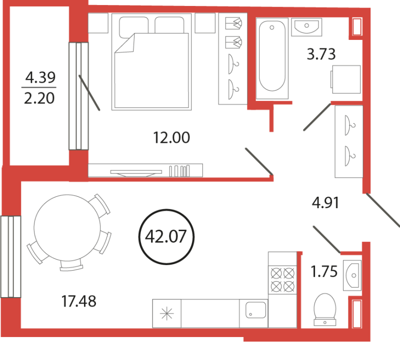 2-комнатная (Евро) квартира, 42.07 м² в ЖК "Энфилд" - планировка, фото №1