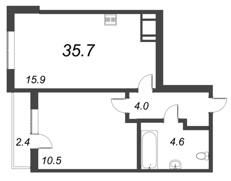 1-комнатная квартира, 35.5 м² - планировка, фото №1