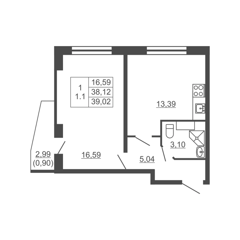 1-комнатная квартира, 39.02 м² в ЖК "Тандем" - планировка, фото №1