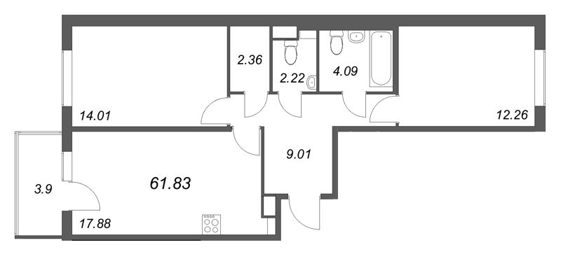 3-комнатная (Евро) квартира, 61.83 м² - планировка, фото №1