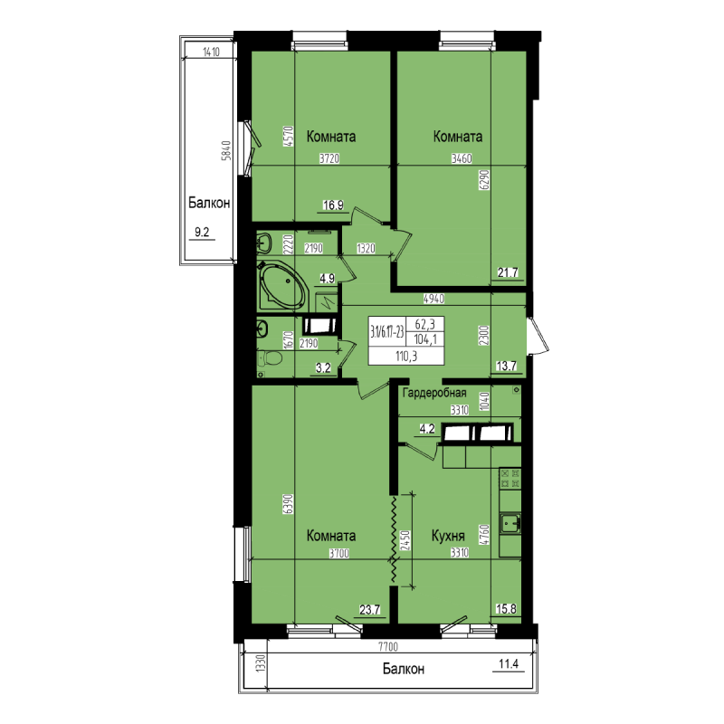 3-комнатная квартира, 110.3 м² - планировка, фото №1
