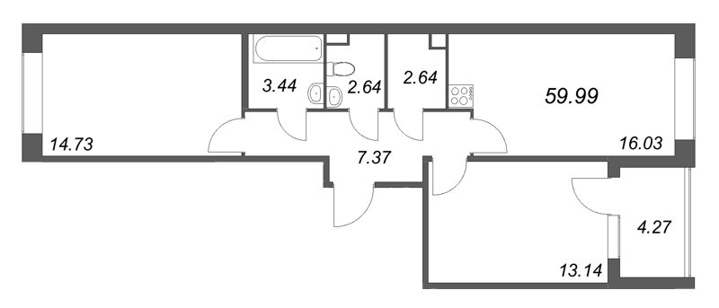 3-комнатная (Евро) квартира, 59.99 м² в ЖК "Дом на Курской" - планировка, фото №1