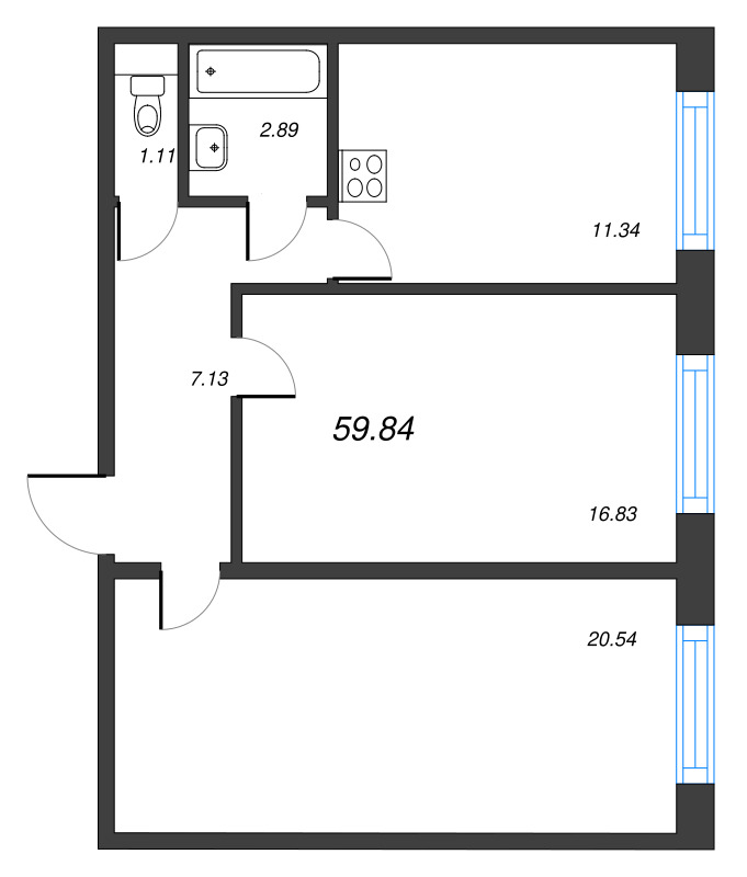 2-комнатная квартира, 59.84 м² - планировка, фото №1
