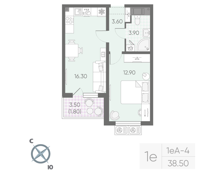 2-комнатная (Евро) квартира, 38.5 м² в ЖК "Ручьи" - планировка, фото №1