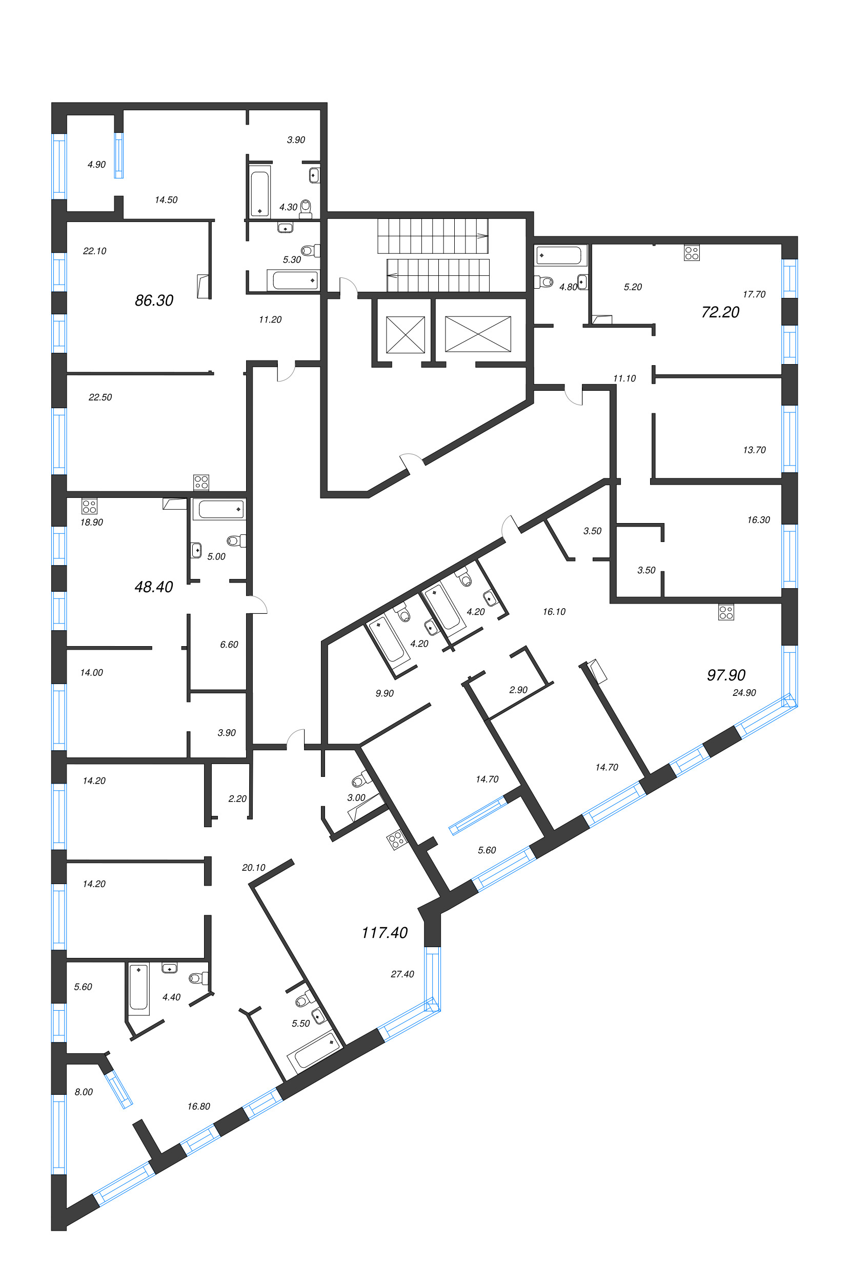 3-комнатная (Евро) квартира, 72.2 м² - планировка этажа