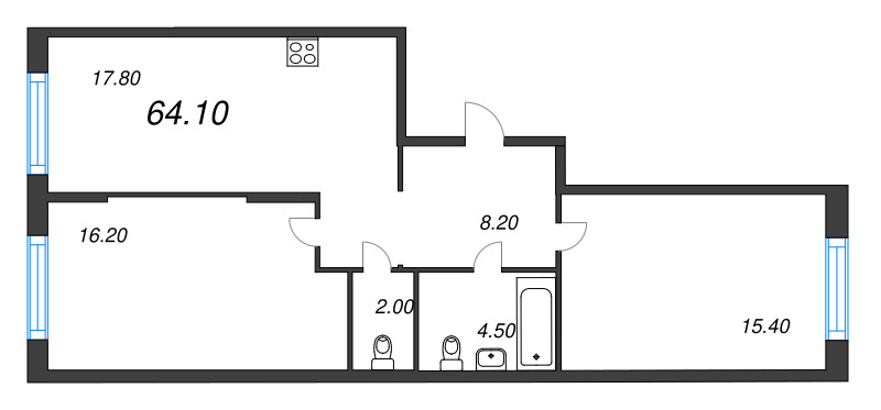 3-комнатная (Евро) квартира, 64.1 м² в ЖК "Ягодное Река Парк" - планировка, фото №1