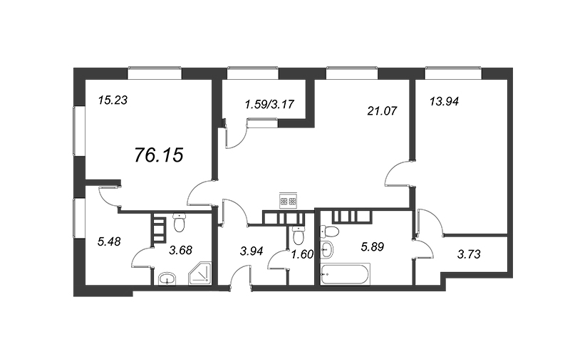 3-комнатная (Евро) квартира, 76.3 м² - планировка, фото №1