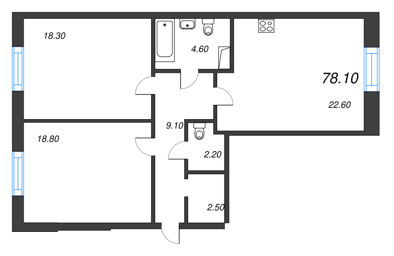 3-комнатная (Евро) квартира, 77.7 м² - планировка, фото №1