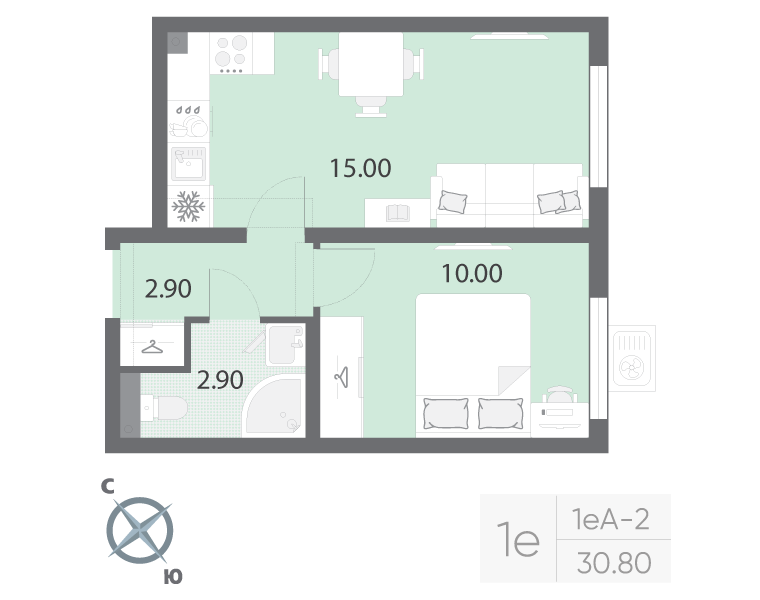 2-комнатная (Евро) квартира, 30.8 м² в ЖК "Ручьи" - планировка, фото №1