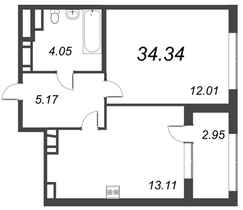 1-комнатная квартира, 34.34 м² в ЖК "Б15" - планировка, фото №1