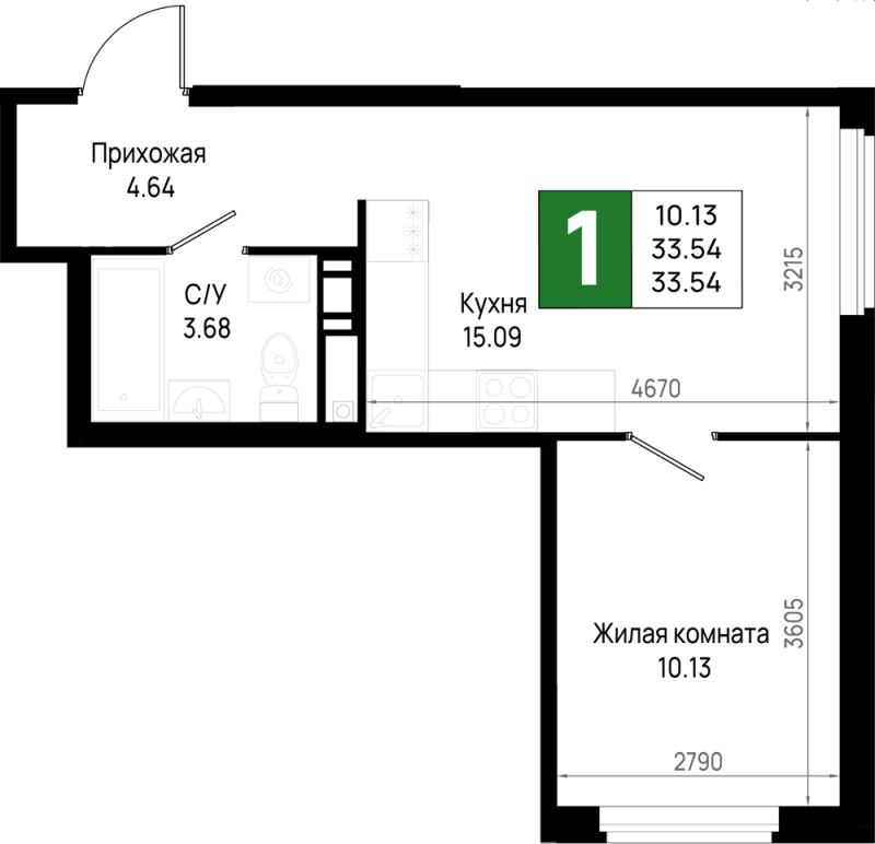 2-комнатная (Евро) квартира, 33.54 м² в ЖК "Имена" - планировка, фото №1