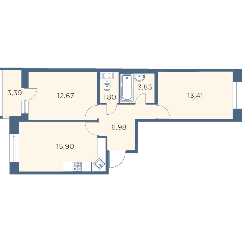 3-комнатная (Евро) квартира, 56.29 м² - планировка, фото №1