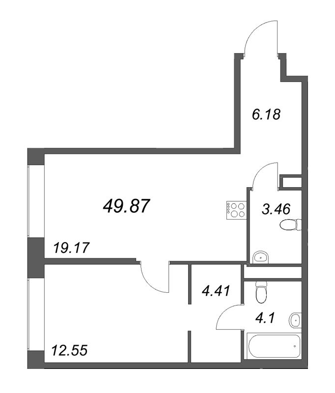 2-комнатная (Евро) квартира, 49.87 м² в ЖК "Avant" - планировка, фото №1