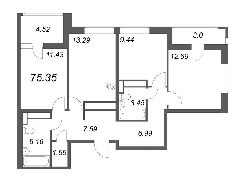 3-комнатная квартира, 75.35 м² в ЖК "Cube" - планировка, фото №1