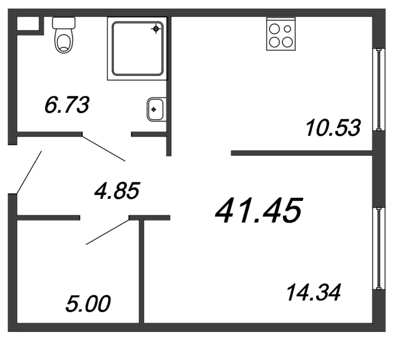 1-комнатная квартира, 41.45 м² - планировка, фото №1