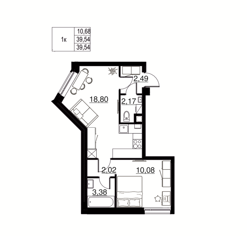 2-комнатная (Евро) квартира, 39.54 м² в ЖК "Соло. Петергоф" - планировка, фото №1