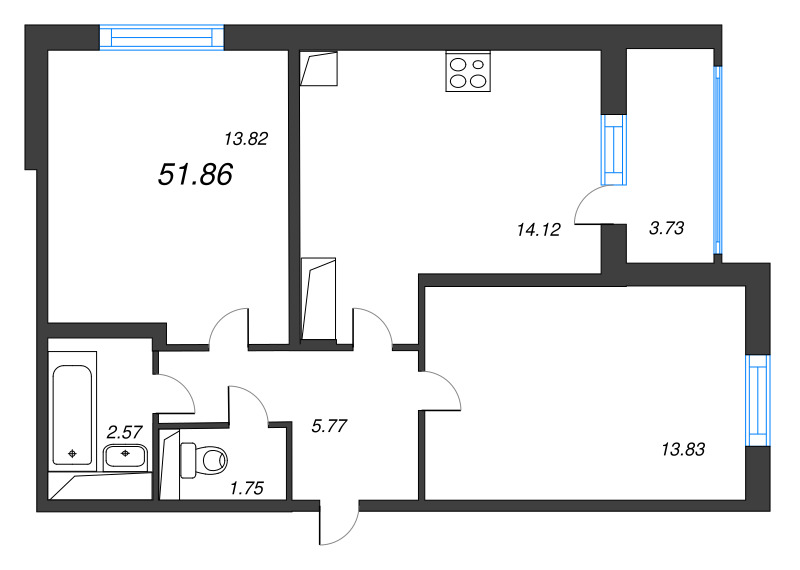 2-комнатная квартира, 51.86 м² - планировка, фото №1