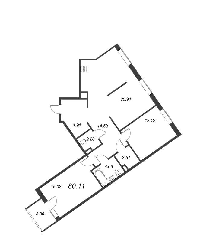 2-комнатная квартира, 78.43 м² - планировка, фото №1