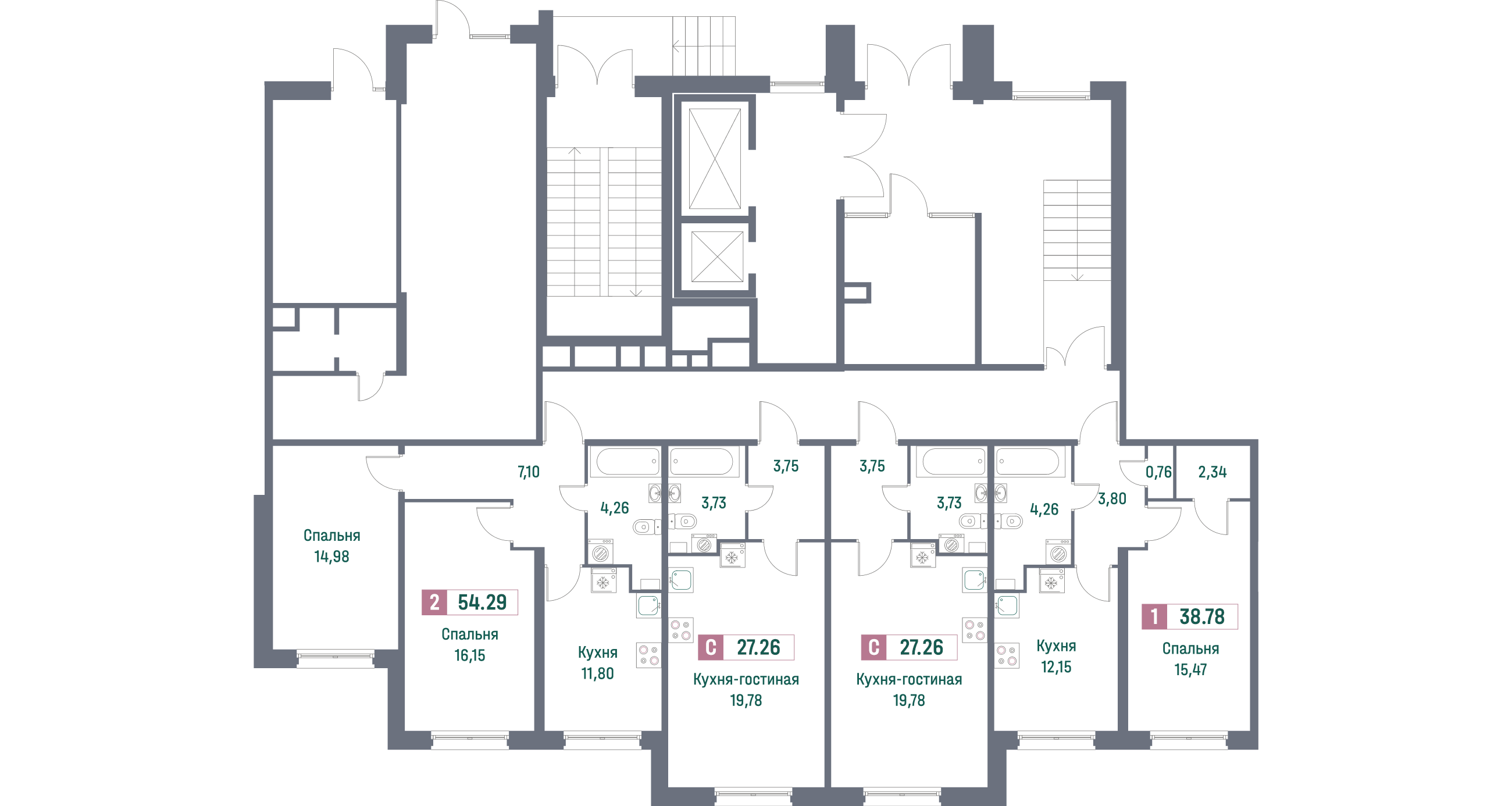 1-комнатная квартира, 38.78 м² - планировка этажа