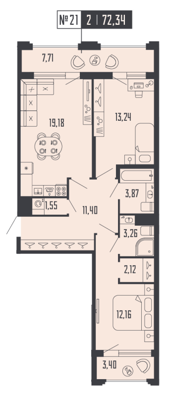 3-комнатная (Евро) квартира, 72.34 м² в ЖК "Shepilevskiy" - планировка, фото №1