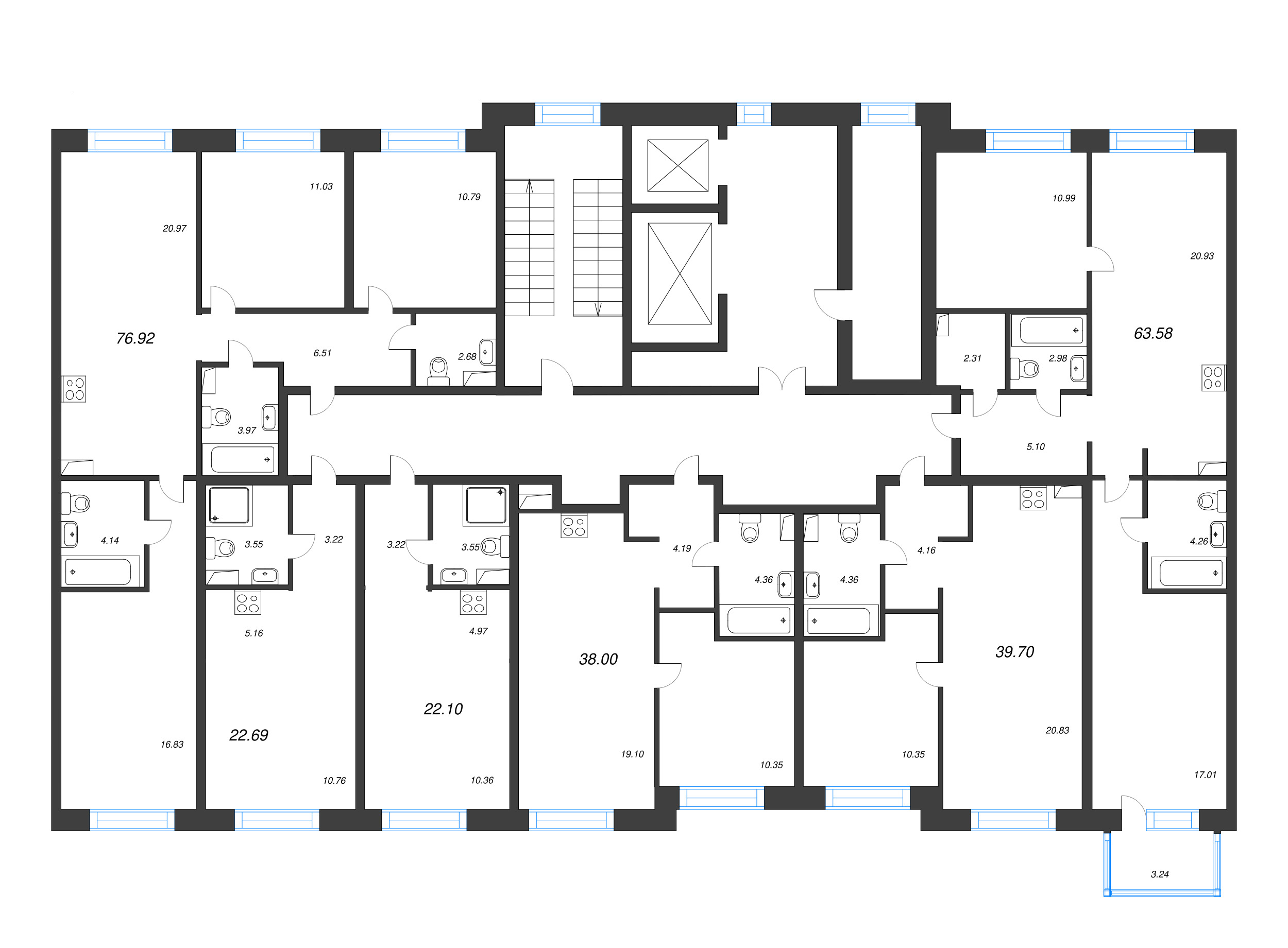 2-комнатная (Евро) квартира, 39.7 м² в ЖК "Остров Первых" - планировка этажа