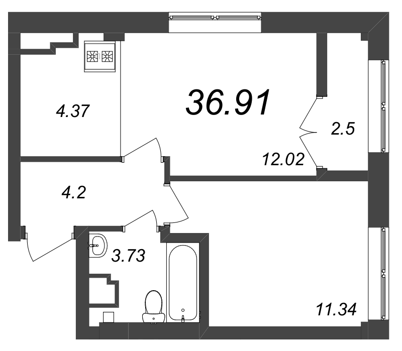 2-комнатная (Евро) квартира, 36.91 м² в ЖК "Neva Residence" - планировка, фото №1