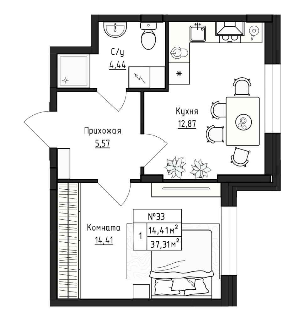 1-комнатная квартира, 37.31 м² - планировка, фото №1