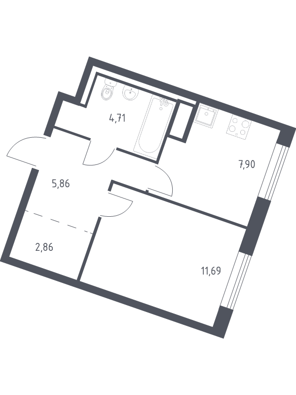 1-комнатная квартира, 33.02 м² - планировка, фото №1
