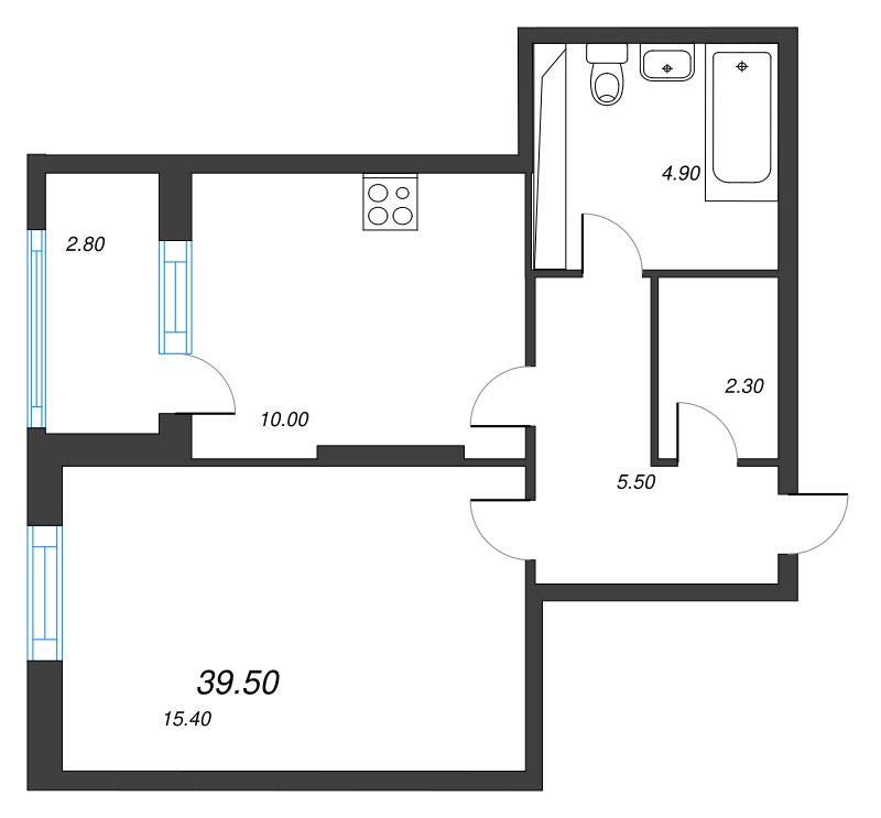 1-комнатная квартира, 39.5 м² - планировка, фото №1