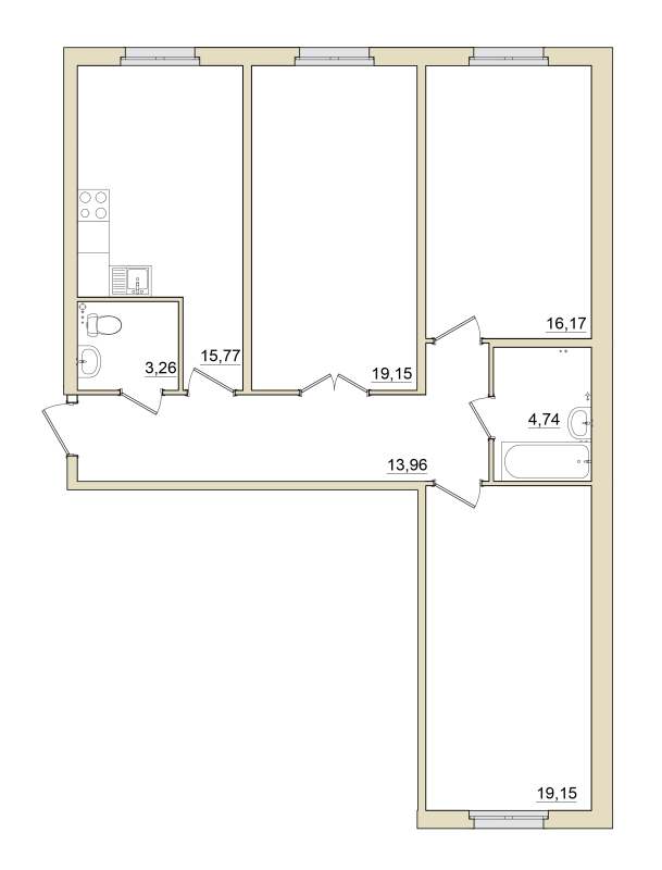 3-комнатная квартира, 92.6 м² - планировка, фото №1
