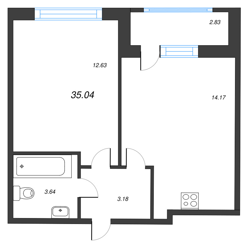 2-комнатная (Евро) квартира, 34.5 м² - планировка, фото №1