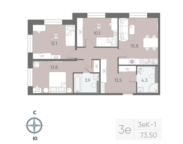 4-комнатная (Евро) квартира, 73.5 м² в ЖК "Большая Охта" - планировка, фото №1