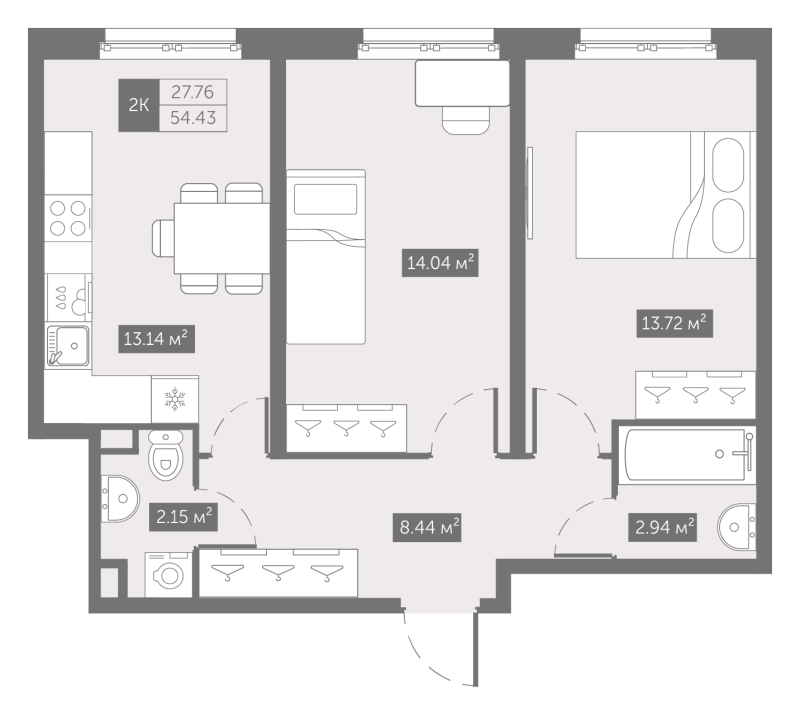 2-комнатная квартира, 54.43 м² в ЖК "Zoom на Неве" - планировка, фото №1