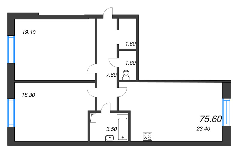 3-комнатная (Евро) квартира, 75.7 м² - планировка, фото №1