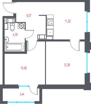2-комнатная квартира, 45.91 м² в ЖК "Город-спутник Южный" - планировка, фото №1