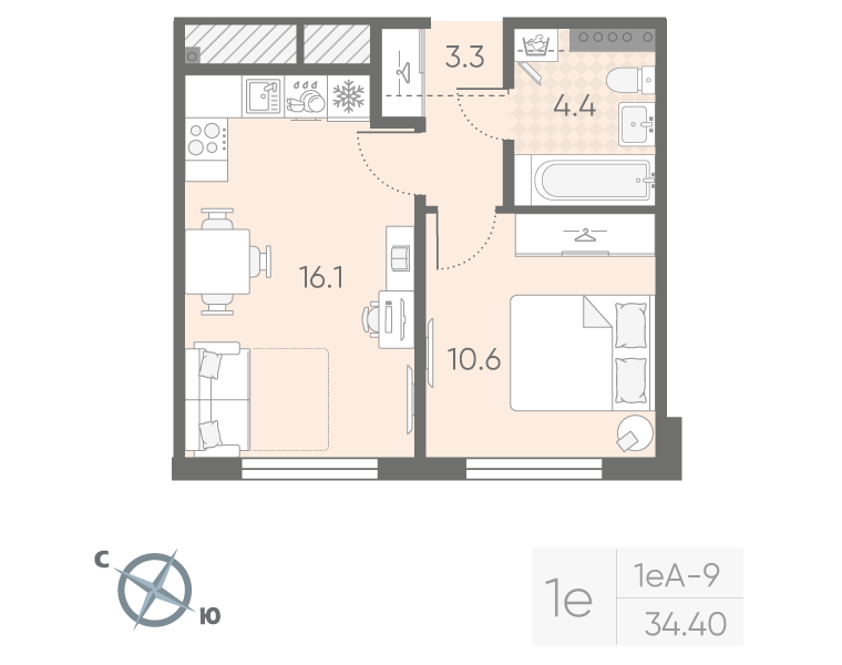 2-комнатная (Евро) квартира, 34.4 м² в ЖК "Пулково Lake" - планировка, фото №1