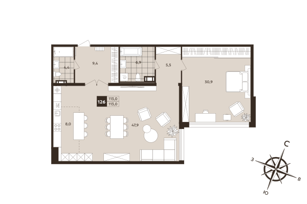 2-комнатная (Евро) квартира, 113 м² в ЖК "Дом на Бронницкой" - планировка, фото №1