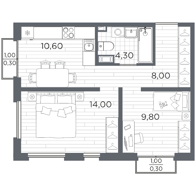 2-комнатная квартира, 48.8 м² в ЖК "Плюс Пулковский" - планировка, фото №1
