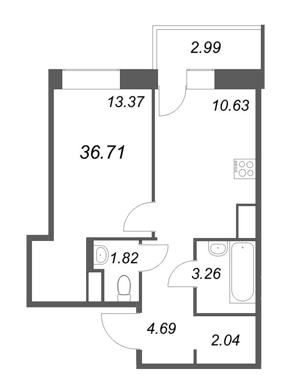 1-комнатная квартира, 36.71 м² - планировка, фото №1