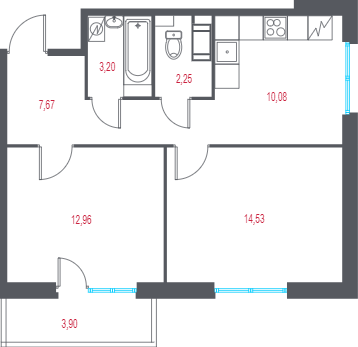 2-комнатная квартира, 51.86 м² в ЖК "Город-спутник Южный" - планировка, фото №1