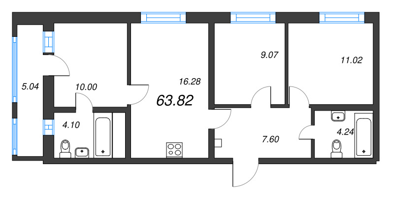 4-комнатная (Евро) квартира, 63.82 м² в ЖК "Старлайт" - планировка, фото №1